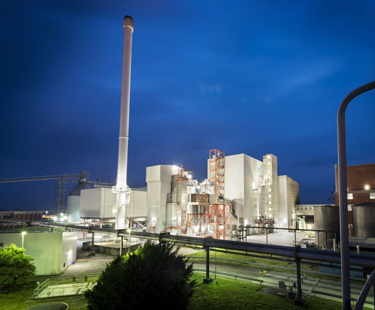 Biomass plant lit up at night